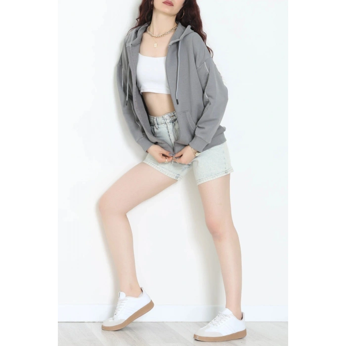 3 İplik Şardonsuz Fermuarlı Şeritli Oversize Sweat Koyugri - 80772.1878.
