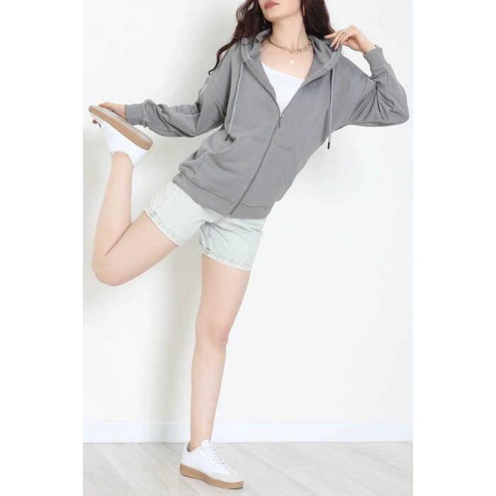 3 İplik Şardonsuz Fermuarlı Şeritli Oversize Sweat Koyugri - 80772.1878.