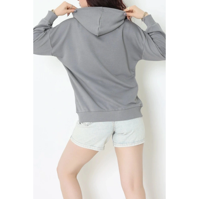 3 İplik Şardonsuz Fermuarlı Şeritli Oversize Sweat Koyugri - 80772.1878.