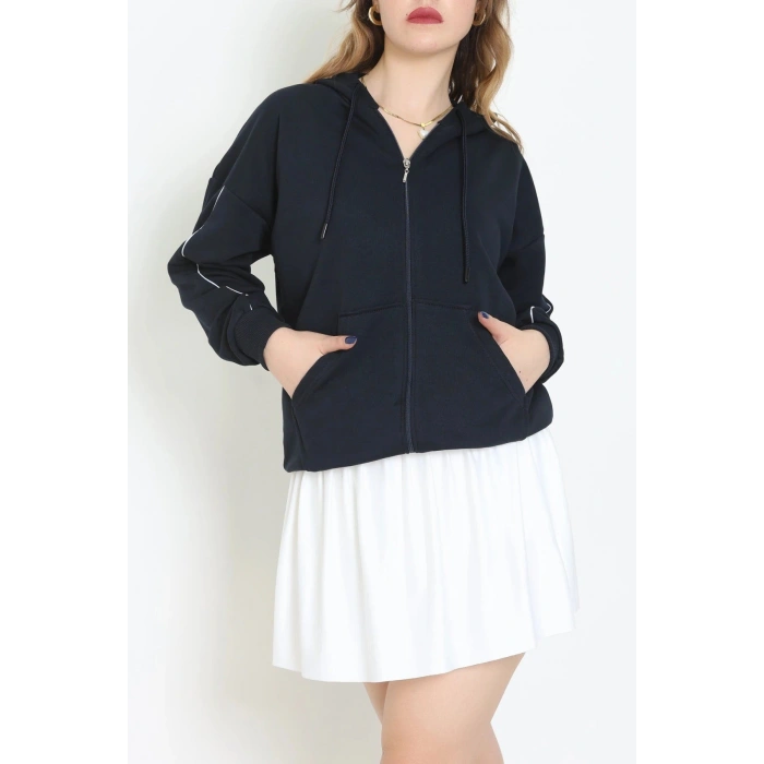 3 İplik Şardonsuz Fermuarlı Şeritli Oversize Sweat Lacivert - 80772.1878.