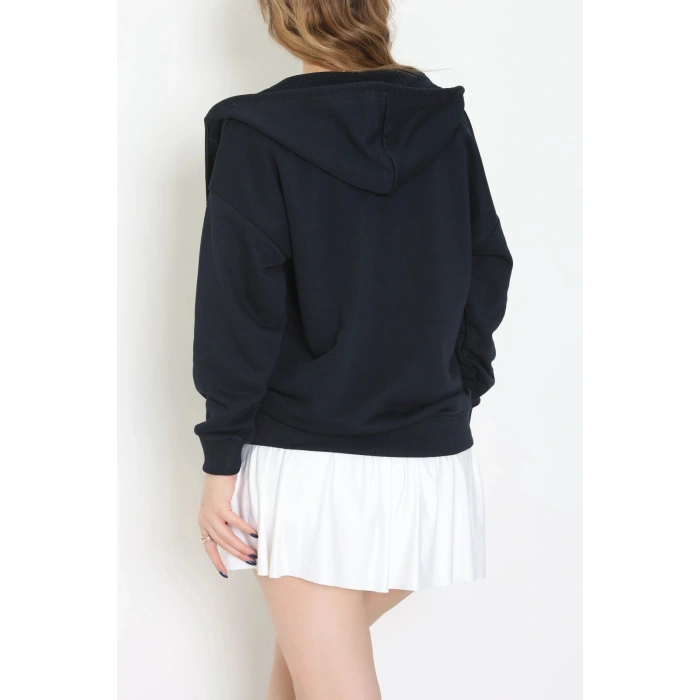 3 İplik Şardonsuz Fermuarlı Şeritli Oversize Sweat Lacivert - 80772.1878.
