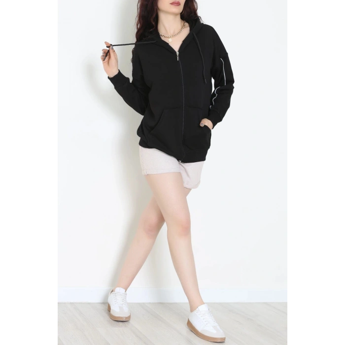 3 İplik Şardonsuz Fermuarlı Şeritli Oversize Sweat Siyah - 80772.1878.