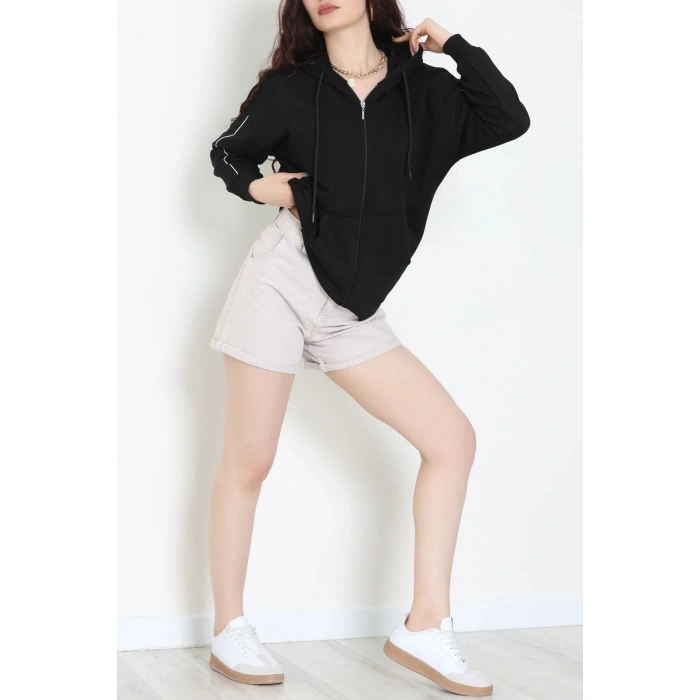 3 İplik Şardonsuz Fermuarlı Şeritli Oversize Sweat Siyah - 80772.1878.