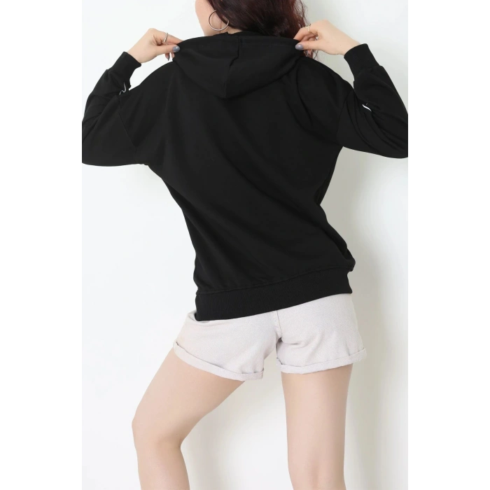 3 İplik Şardonsuz Fermuarlı Şeritli Oversize Sweat Siyah - 80772.1878.