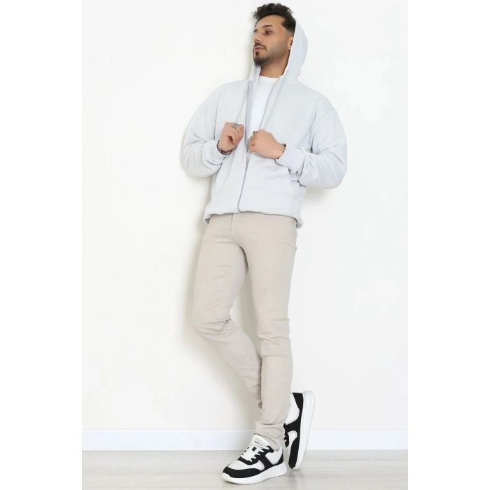 3 İplik Şardonsuz Kapşonlu Fermuarlı Erkek Sweat Boyalıgri - 42815.1878.