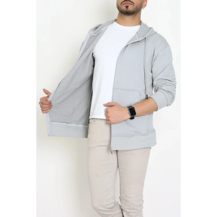 3 İplik Şardonsuz Kapşonlu Fermuarlı Erkek Sweat Koyugri - 42815.1878.
