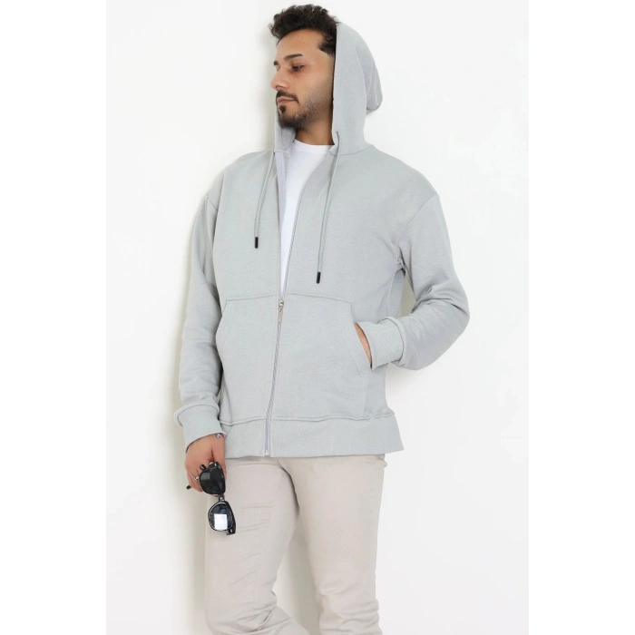 3 İplik Şardonsuz Kapşonlu Fermuarlı Erkek Sweat Koyugri - 42815.1878.