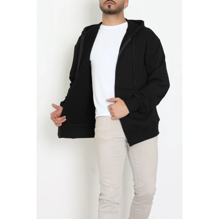 3 İplik Şardonsuz Kapşonlu Fermuarlı Erkek Sweat Siyah - 42815.1878.