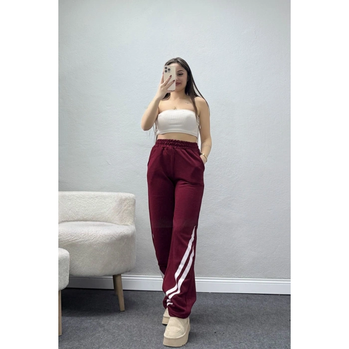 3 İplik Şardonsuz Şeritli Palozzo Paça Eşofman Altı Bordobeyaz - 80809.1878.