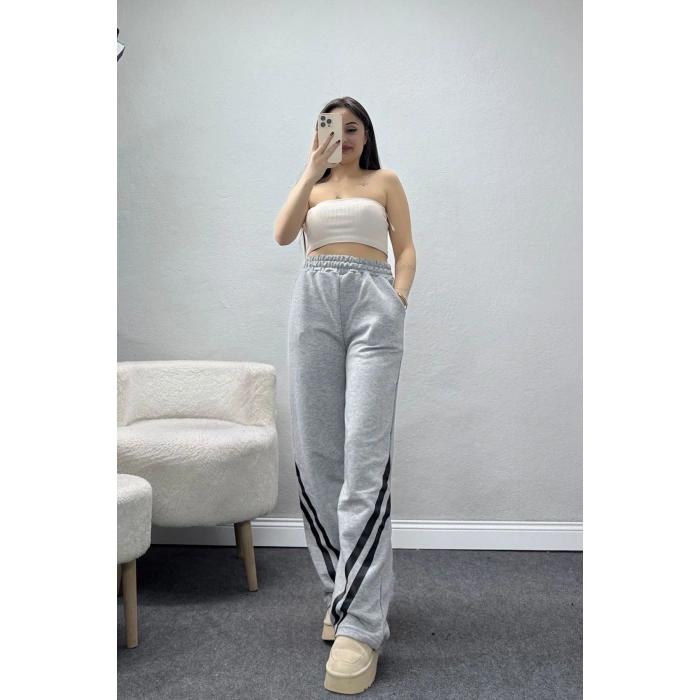 3 İplik Şardonsuz Şeritli Palozzo Paça Eşofman Altı Koyugrisiyah - 80809.1878.