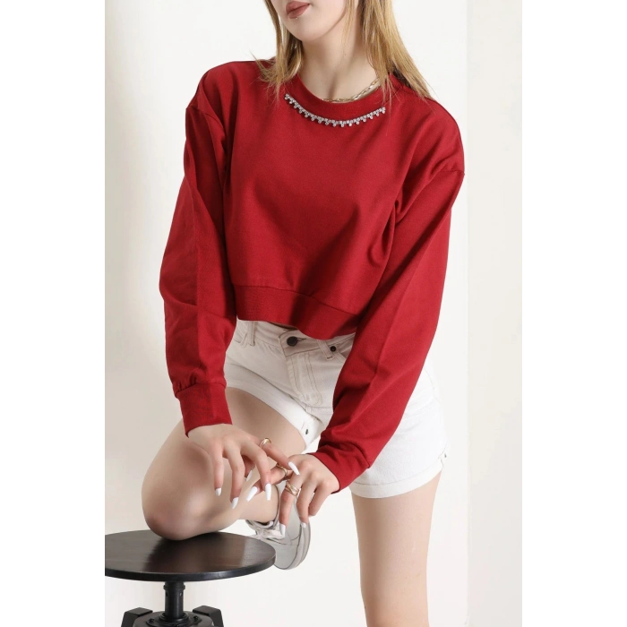3 İplik Şardonsuz Taşlı Sweat Bordo - 1007.1238.
