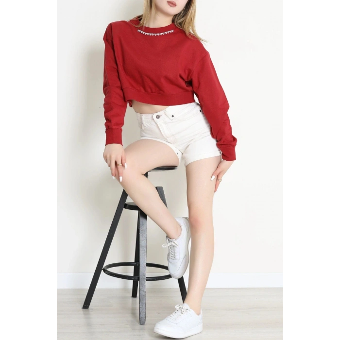 3 İplik Şardonsuz Taşlı Sweat Bordo - 1007.1238.