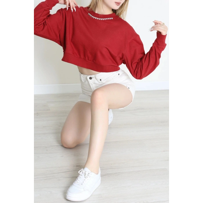 3 İplik Şardonsuz Taşlı Sweat Bordo - 1007.1238.