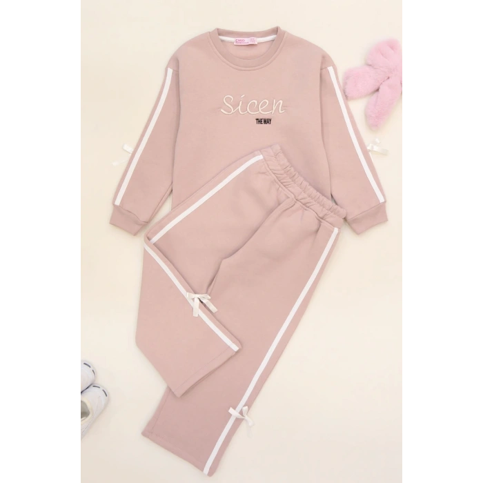 5-12 Yaş 3 İplik Şardonlu Fiyonklu Takım Pudra - 60335.1867.