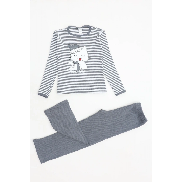5-12 Yaş Kaşkorse Nakışlı Pijama Takımı Gri - 52142.1567.