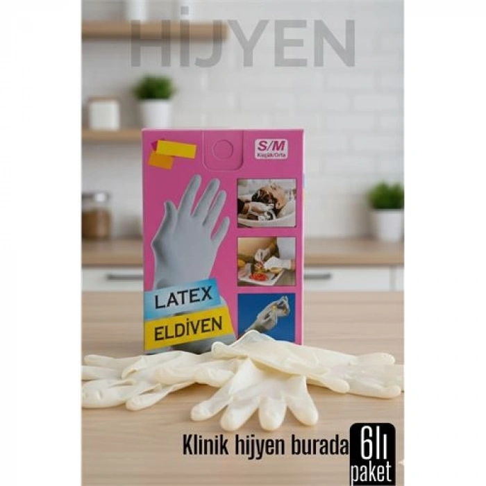 6'lı KUTULU Latex Eldiven Hijyenik Esnek ve Çok Amaçlı Kullanım İçin