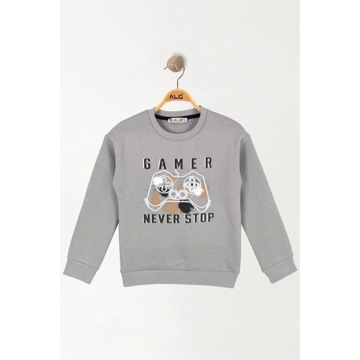 6-9 Yaş Gamer Baskılı 3 İp Şardonlu Sweatshirt Gri - 2264219.1576.