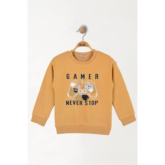 6-9 Yaş Gamer Baskılı 3 İp Şardonlu Sweatshirt Hardal - 2264219.1576.