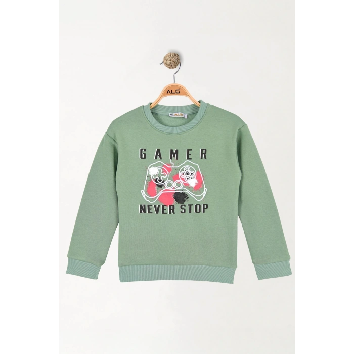 6-9 Yaş Gamer Baskılı 3 İp Şardonlu Sweatshirt Mint - 2264219.1576.