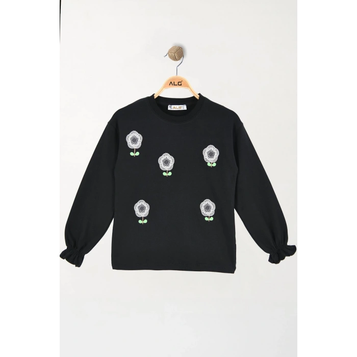 6-9 Yaş Kız Çocuk Çiçek Nakışlı Sweat Siyah - 6264158.1576.