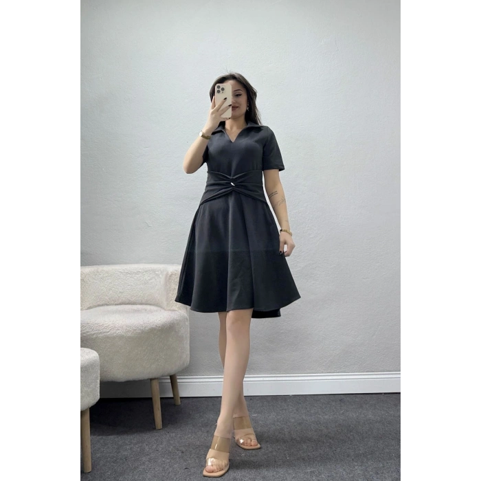 Aksesuar Detaylı Krep Kumaş Kloş Elbise Antrasit - 71182.2143.