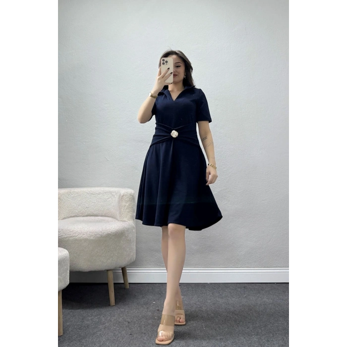 Aksesuar Detaylı Krep Kumaş Kloş Elbise Lacivert - 71182.2143.