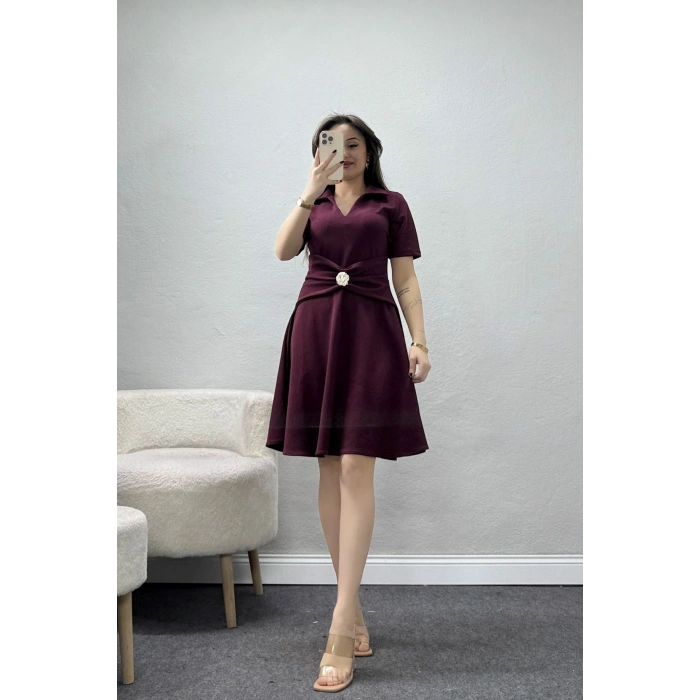 Aksesuar Detaylı Krep Kumaş Kloş Elbise Mürdüm - 71182.2143.