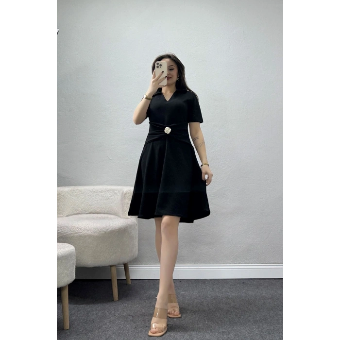 Aksesuar Detaylı Krep Kumaş Kloş Elbise Siyah - 71182.2143.