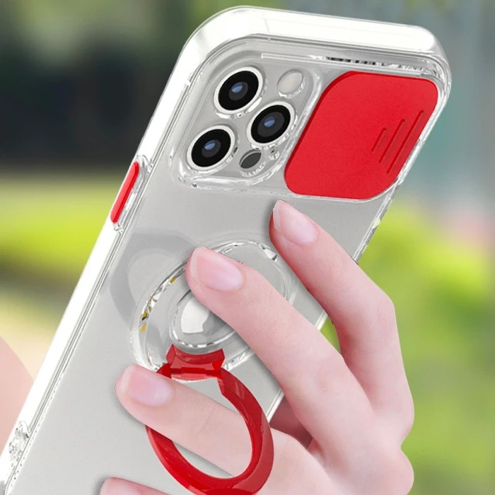 Ally iPhone 11 Pro Max 6.5inç Kılıf Sürgülü Kamera Lens Korumalı Yüzük Standlı Silikon Kılıf-(1903)