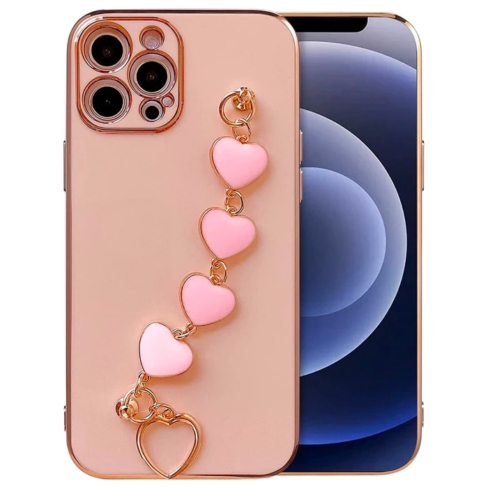 Ally iPhone 12 Pro 6.1inç Kılıf Kalp Bileklik Tutuculu Lüx Silikon Askılı Kılıf-(1903)