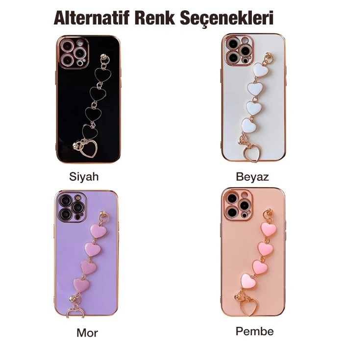 Ally iPhone 12 Pro 6.1inç Kılıf Kalp Bileklik Tutuculu Lüx Silikon Askılı Kılıf-(1903)
