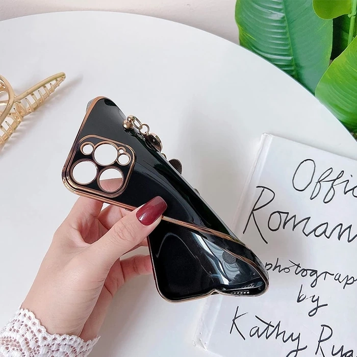 Ally iPhone 12 Pro 6.1inç Kılıf Kalp Bileklik Tutuculu Lüx Silikon Askılı Kılıf-(1903)