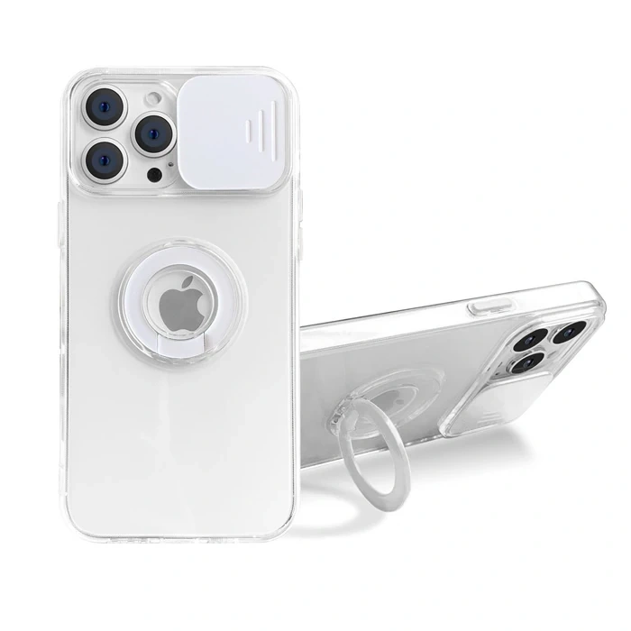 Ally iPhone 12 Pro Max Kılıf Sürgülü Kamera Lens Korumalı Yüzük Standlı Silikon Kılıf-(1903)