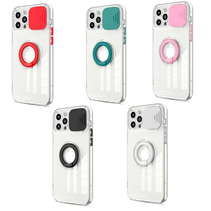 Ally iPhone 12 Pro Max Kılıf Sürgülü Kamera Lens Korumalı Yüzük Standlı Silikon Kılıf-(1903)