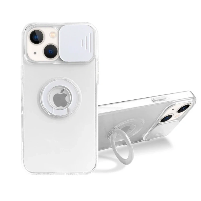 Ally iPhone 13 6.1 inç Kılıf Sürgülü Kamera Lens Korumalı Yüzük Standlı Silikon Kılıf-(1903)