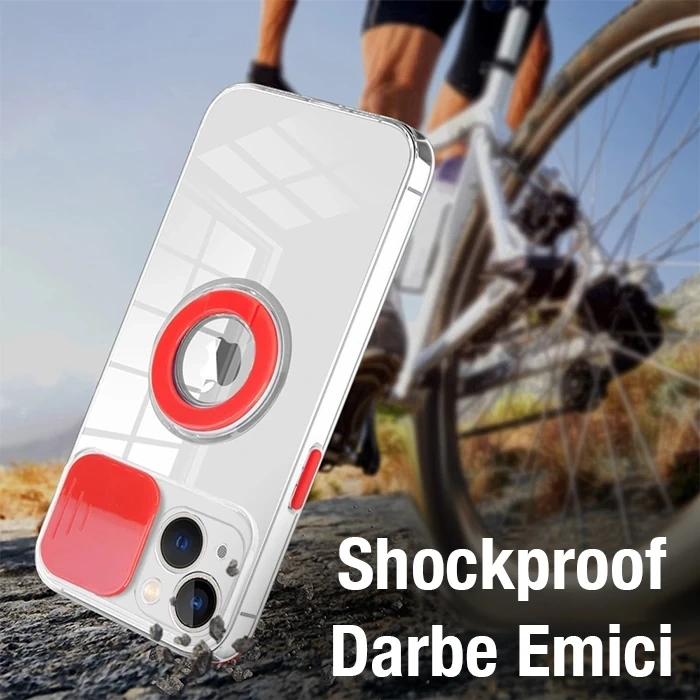 Ally iPhone 13 Mini 5.4inç Kılıf Sürgülü Kamera Lens Korumalı Yüzük Standlı Silikon Kılıf-(1903)