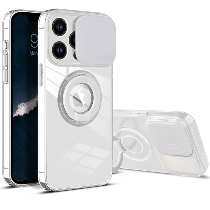 Ally iPhone 13 Pro 6.1 inç Kılıf Sürgülü Kamera Lens Korumalı Yüzük Standlı Silikon Kılıf-(1903)