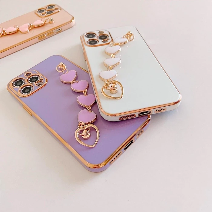 Ally iPhone 13 Pro 6.1inç Kılıf Kalp Bileklik Tutuculu Lüx Silikon Askılı Kılıf-(1903)