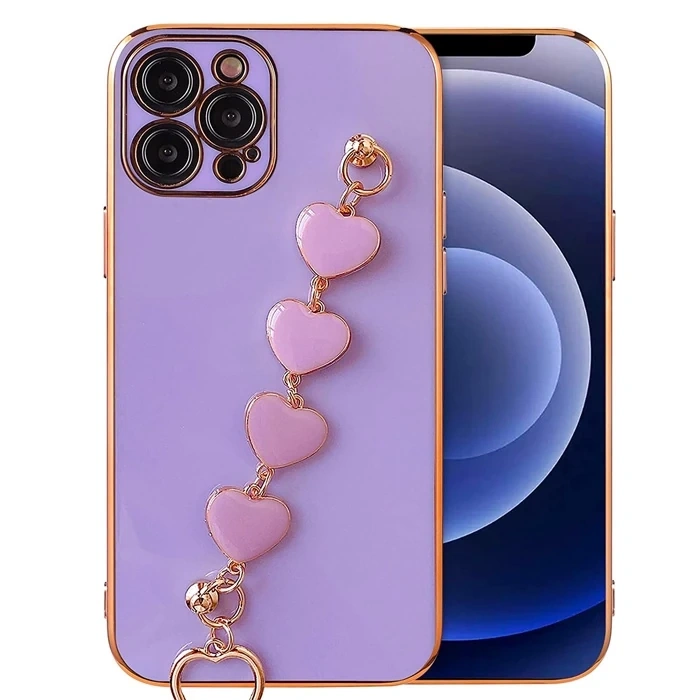 Ally iPhone 13 Pro Max 6.7inç Kılıf Kalp Bileklik Tutuculu Lüx Silikon Askılı Kılıf-(1903)