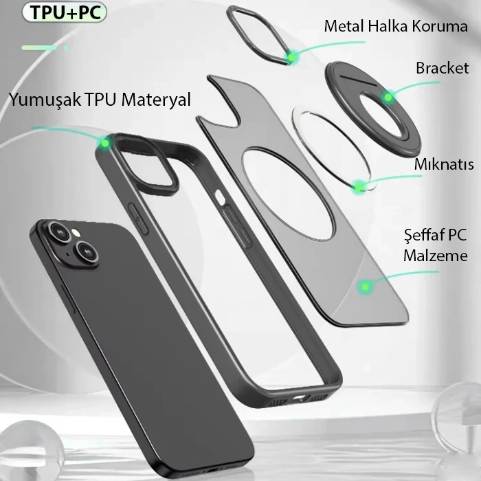 ALLY iPhone 15 Plus İçin Magsafe Uyumlu Yüzük Standlı Manyetik Silikon Kılıf-(1903)