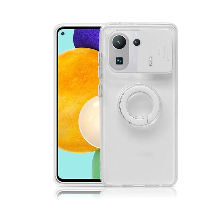 Ally Xiaomi Mi 11 Pro Kılıf Sürgülü Kamera Lens Korumalı Yüzük Standlı Silikon Kılıf-(1903)