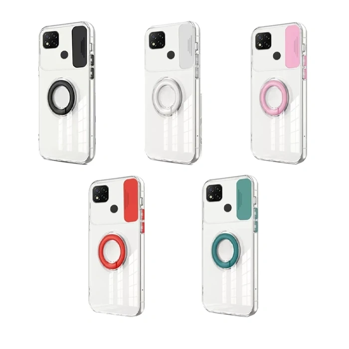 ALLY Xiaomi Redmi 9C Kılıf Sürgülü Kamera Lens Korumalı Yüzük Standlı Silikon Kılıf-(1903)