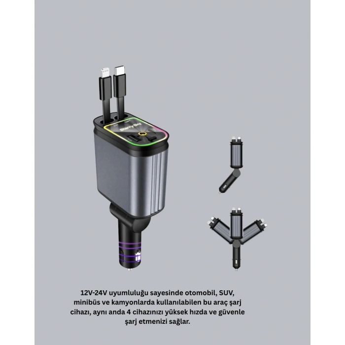 Araç Şarj Cihazı 66W 4 Portlu Hızlı Şarj ve LED Işıklı