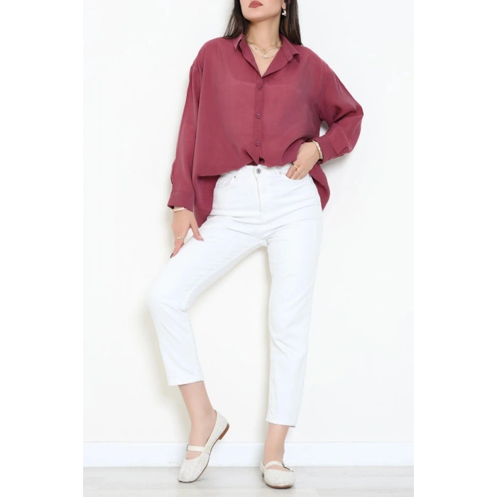 Arkadan Bağlı Oversize Poplin Gömlek Bordo - 8112.1437.