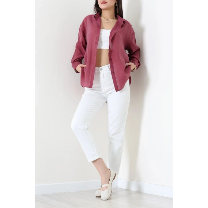 Arkadan Bağlı Oversize Poplin Gömlek Bordo - 8112.1437.