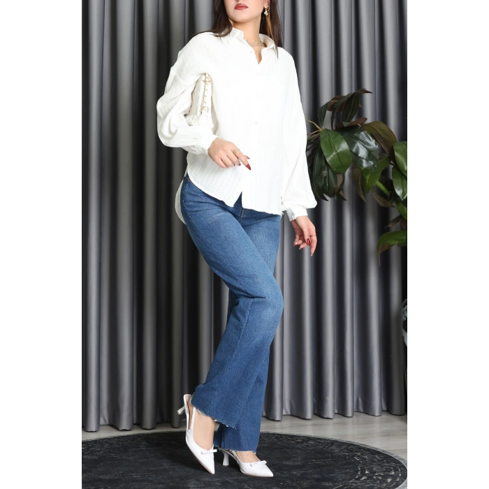 Armürlü Müslin Oversize Gömlek Beyaz - 70994.1934.