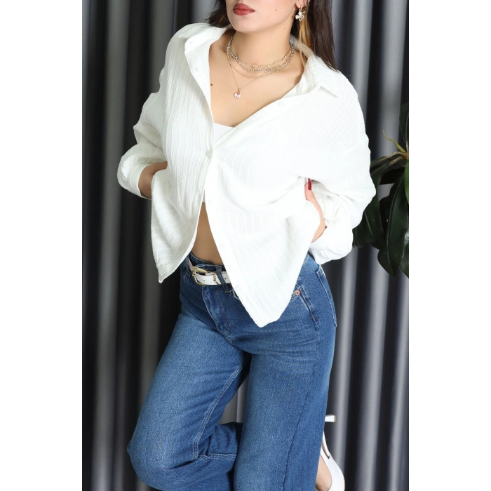 Armürlü Müslin Oversize Gömlek Beyaz - 70994.1934.