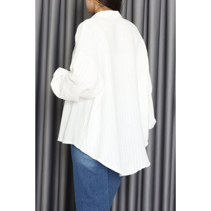 Armürlü Müslin Oversize Gömlek Beyaz - 70994.1934.