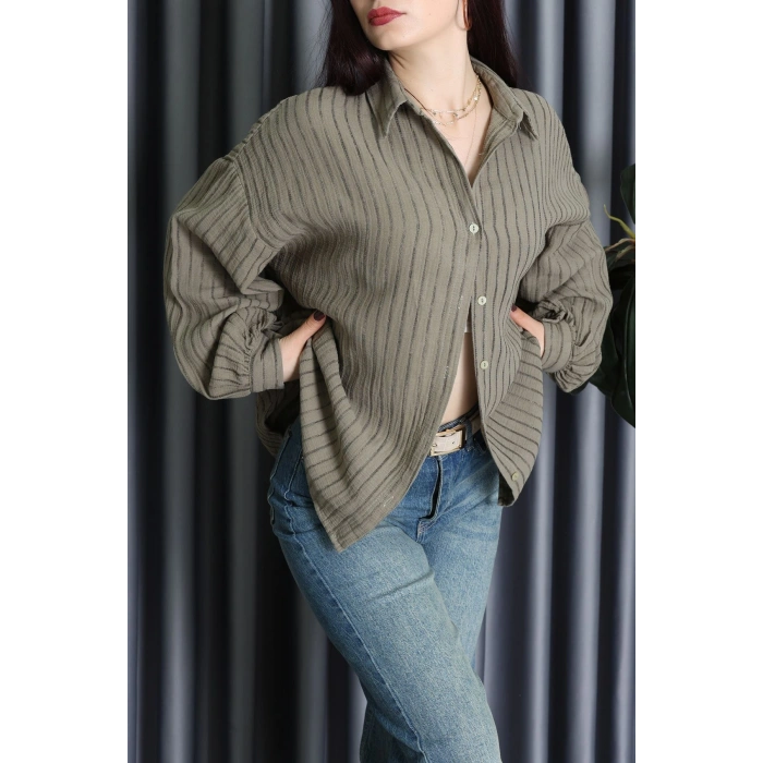 Armürlü Müslin Oversize Gömlek Haki - 70994.1934.