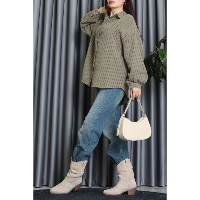 Armürlü Müslin Oversize Gömlek Haki - 70994.1934.